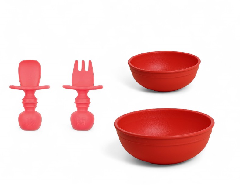 Set mix bow chico + grande + cubiertos de silicona