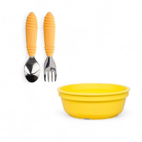 Set mix cubiertos metalicos bumkins naranja+ bowl amarillo replay