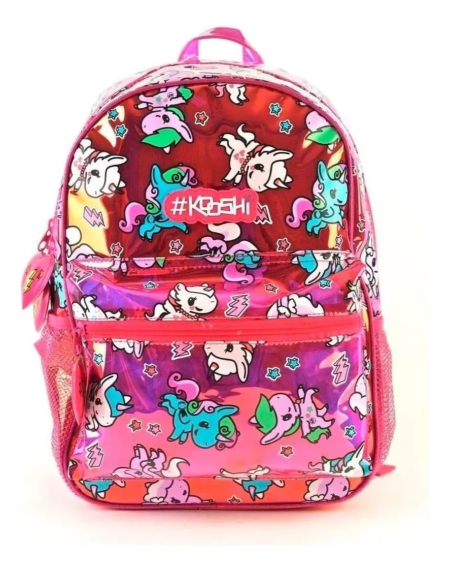 Mochila Kooshi Ponies 30cm Con Bolsillos Y Porta Botella Rosado