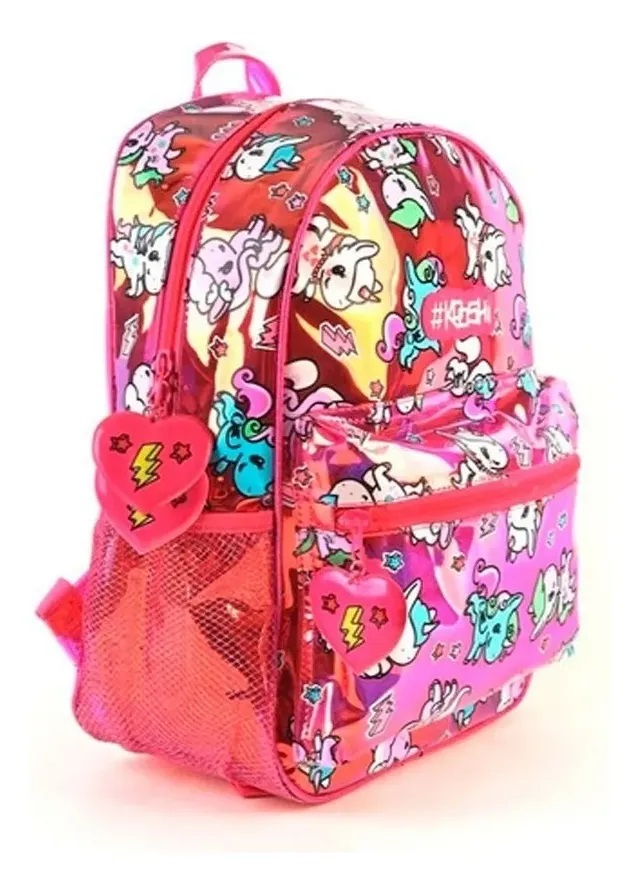 Mochila Kooshi Ponies 30cm Con Bolsillos Y Porta Botella Rosado