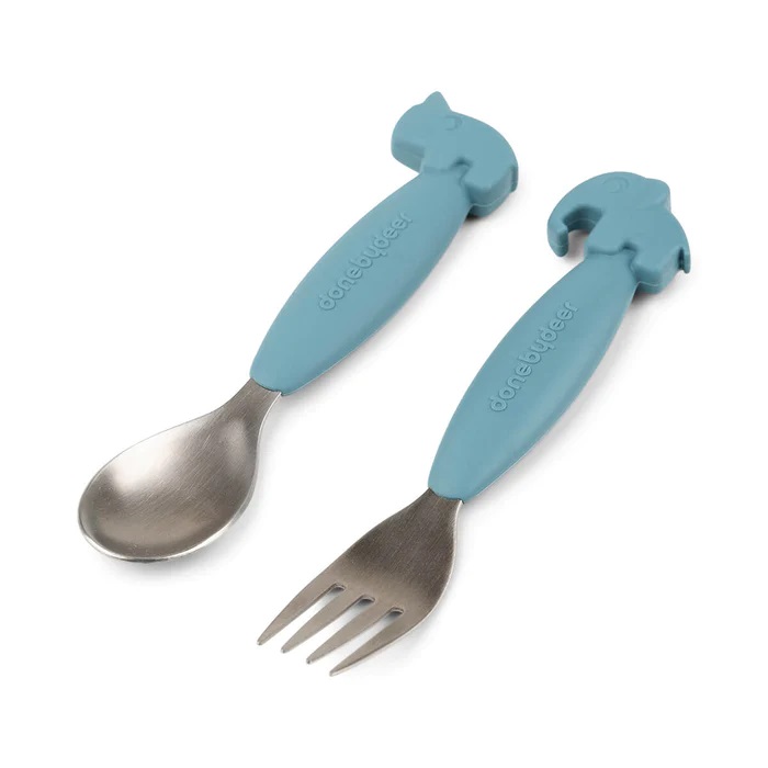 DoneByDeer Easy-grip spoon and fork set Deer friends Blue