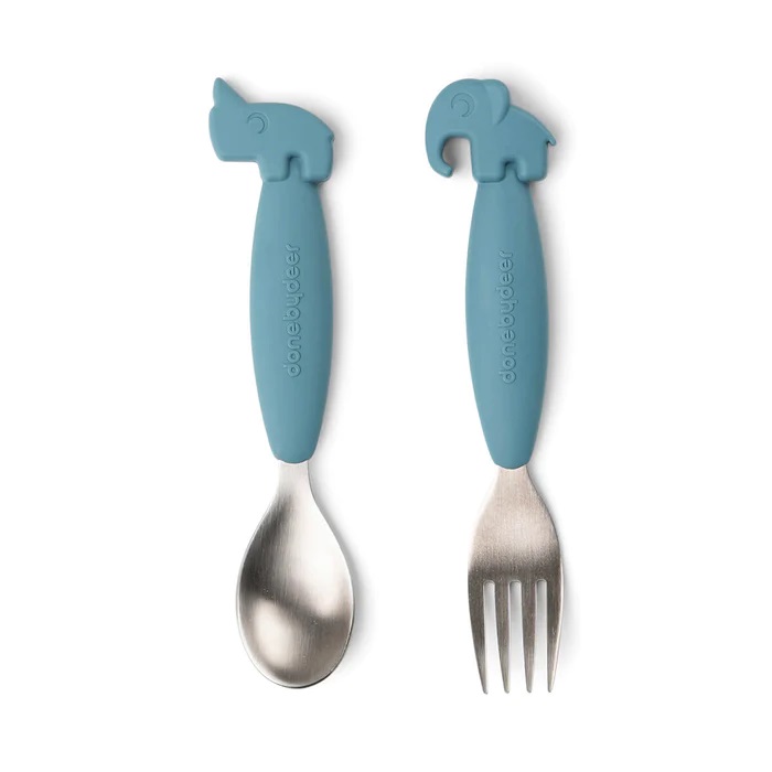 DoneByDeer Easy-grip spoon and fork set Deer friends Blue