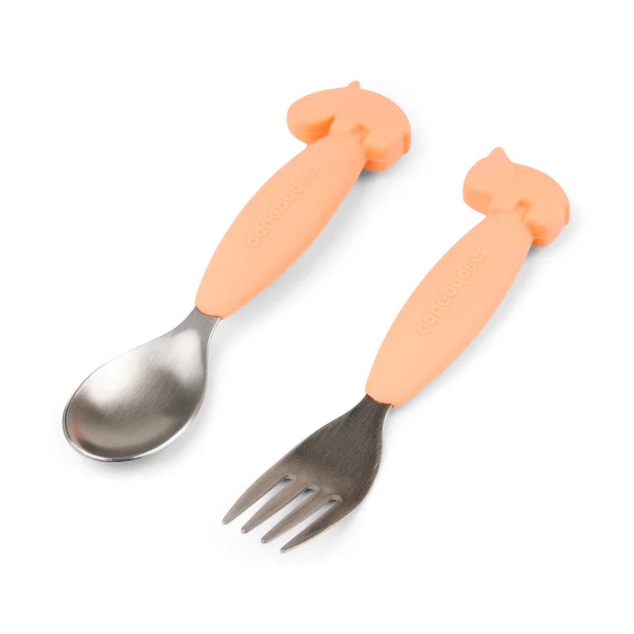 DoneByDeer Easy-grip spoon and fork set Deer friends Coral