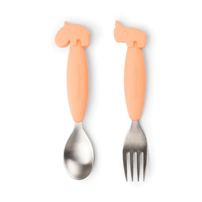 DoneByDeer Easy-grip spoon and fork set Deer friends Coral