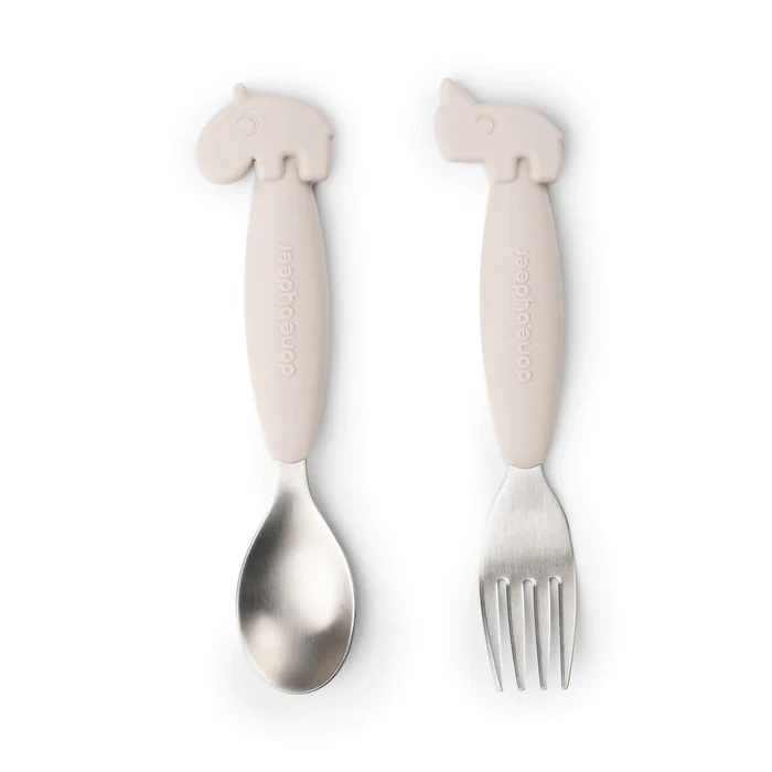 DoneByDeer Easy-grip spoon and fork set Deer friends Sand
