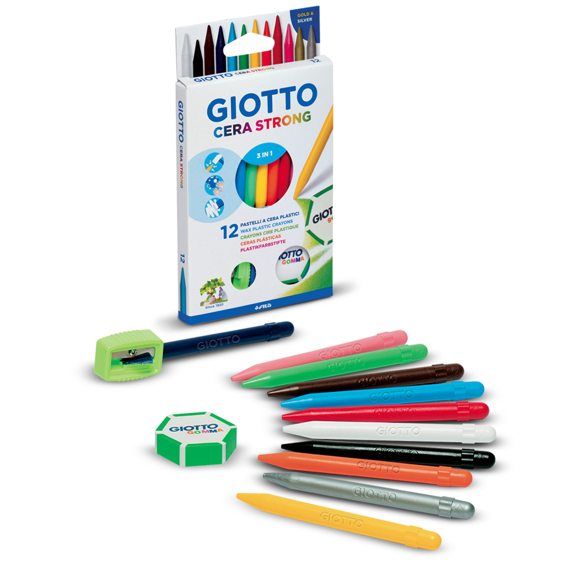 Giotto Crayon Cera Strong x12 + saca punta + goma