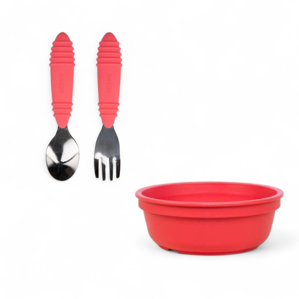 Set mix cubiertos metalicos bumkins rojo + bowl rojo replay