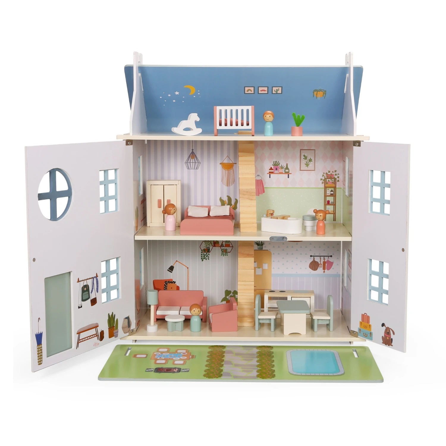 Edu Fun Casita de Muñecas de Madera – 3 pisos + accesorios Doll House