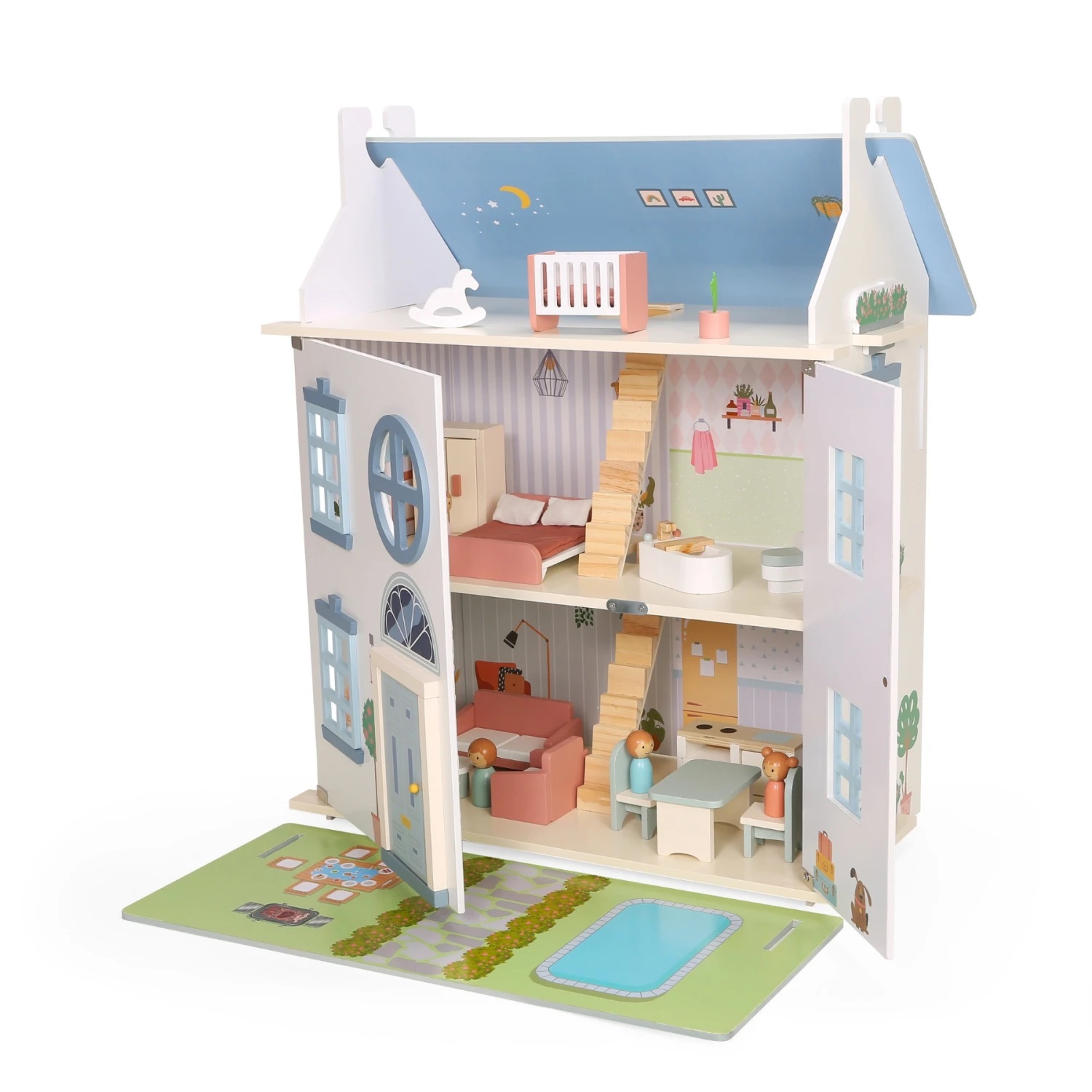 Edu Fun Casita de Muñecas de Madera – 3 pisos + accesorios Doll House