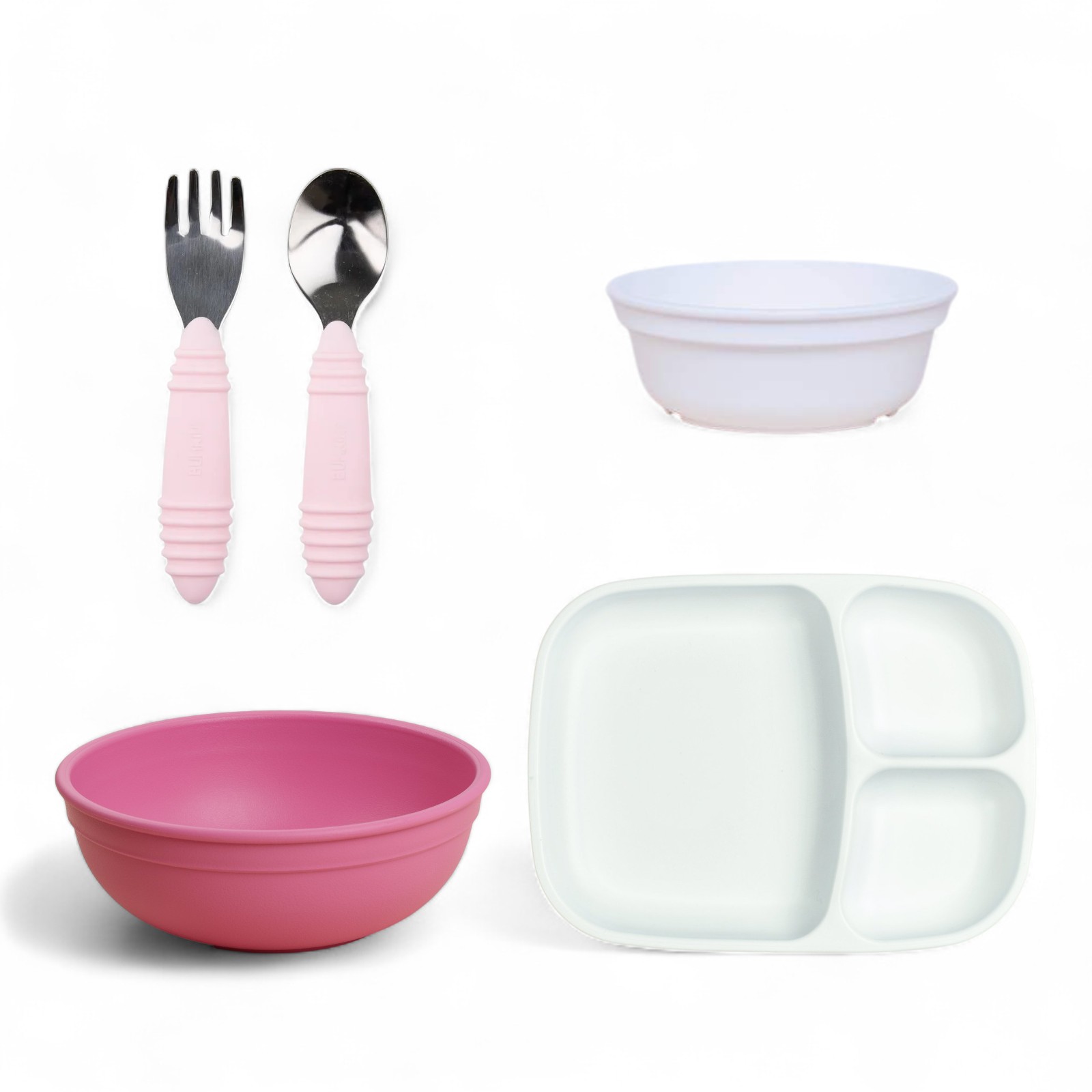 Set mix plato con divisiones + bowl grande + bowl chico + cubiertos