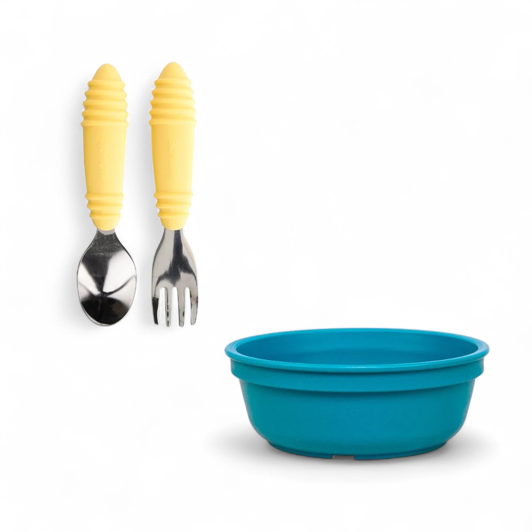 Set mix cubiertos metalicos bumkins ananá + bowl teal replay